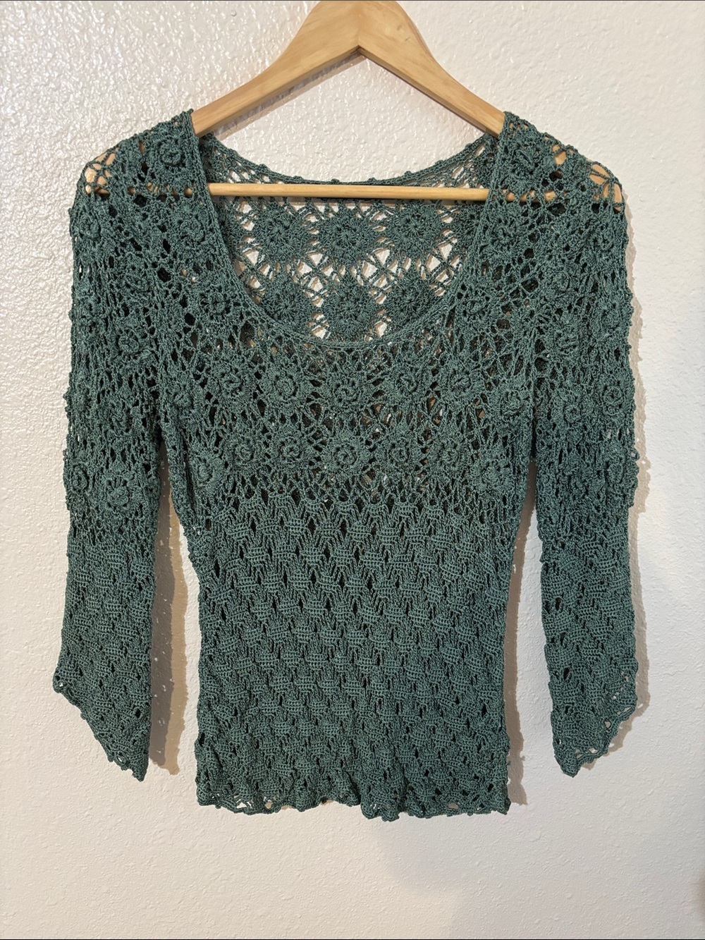 The Limited Open Crochet Scoop Neck Top in Teal